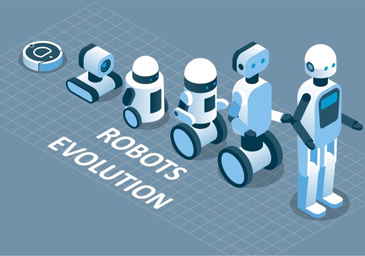 Vector evolución de robots vector ilustración isométrica