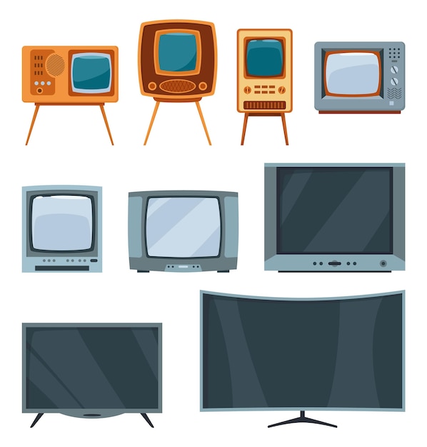 Vector evolución del televisor progreso del sistema de comunicación receptores antiguos o retro y modernos historia tecnología concepto icono de televisión de dibujos animados ilustración vectorial aislada