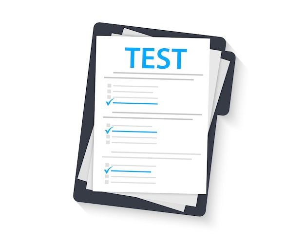 Examen de concepto, encuesta, pruebas. Formulario de prueba con Portapapeles. Marca de prueba en una carpeta. Examinando. Aprobar la prueba y el examen de conocimientos. Prueba de inteligencia. Encuesta online. Lista de verificación, lista de encuestas por Internet, formulario de prueba