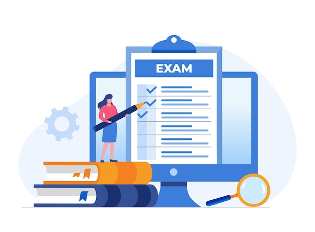 Examen concepto examen prueba en línea respuesta lista de verificación estudiante collage ilustración plana vector banner
