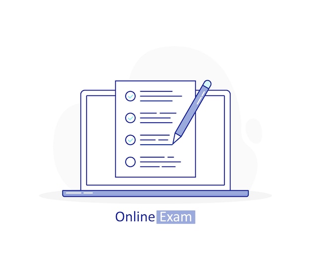 Vector examen en línea, computadora portátil con lista de verificación y lápiz, examen, elección de respuestas, cuestionario, educación.