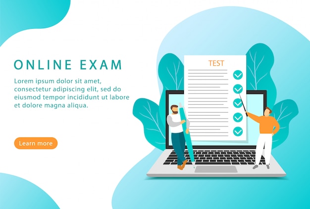 Examen en línea. Educación y pruebas en línea. Estilo plano Página de destino para sitios web.