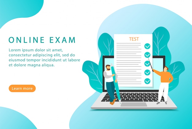 Vector examen en línea. educación y pruebas en línea. estilo plano página de destino para sitios web.