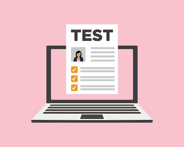 Examen en línea portátil con lista de verificación tomando prueba eligiendo respuesta cuestionario forma educación concepto Plano dibujos animados diseño vector ilustración sobre fondo