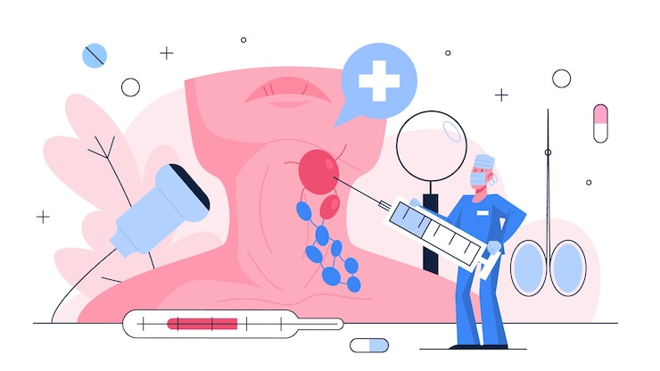 Vector examen de linfoma. doctor de pie en el cuello de la mujer. idea de salud y tratamiento médico. diagnóstico de cáncer. ilustración