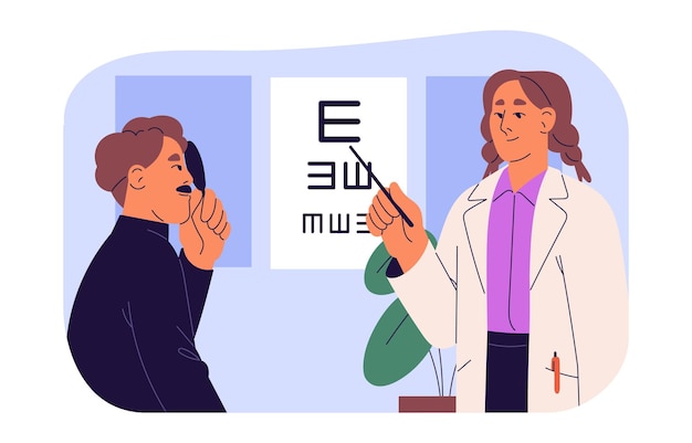 Examen médico, chequeo de salud, examen de gráfico ocular. oftalmólogo, oculista, óptico, optometrista, médico diagnostica una mala visión, el paciente comprueba la vista. ilustración vectorial aislada plana en blanco.