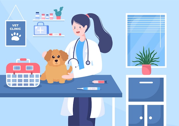 Examen médico de la clínica veterinaria, vacunación y atención médica para mascotas como perros y gatos en dibujos animados planos ilustración vectorial de fondo para afiches o pancartas