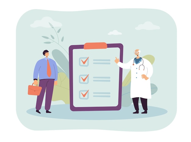 Examen médico regular anual del empresario por médico. Personas diminutas de pie con ilustración de vector plano de lista de verificación. Seguro, concepto de prevención para banner, diseño de sitio web o página web de inicio