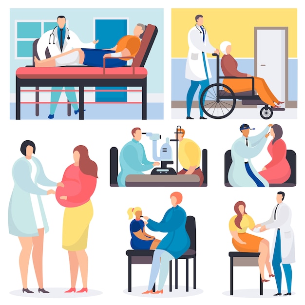 Examen médico vector médico paciente paciente carácter médico examinar la salud en la ilustración de la oficina de clínica profesional