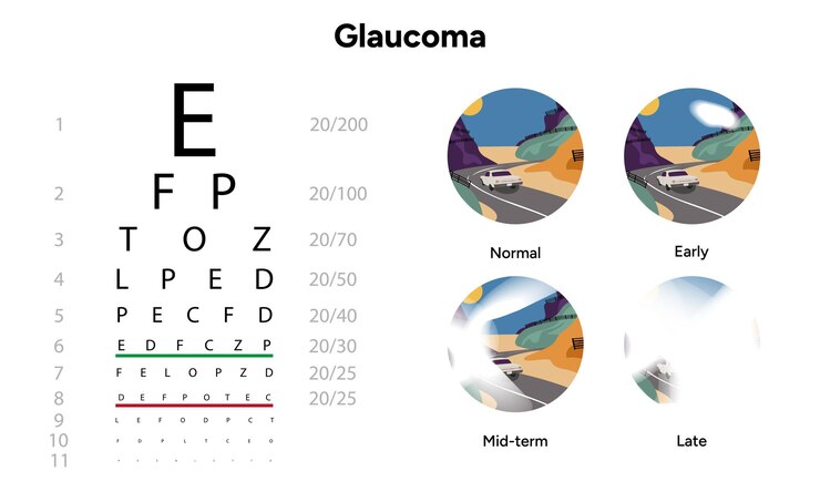 Vector examen oftalmológico del ojo glaucoma temprano a mitad de período y tardío