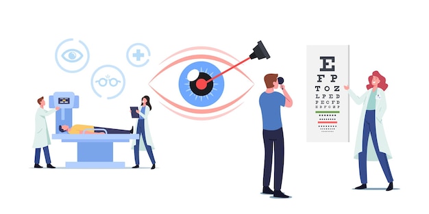 Examen óptico profesional para corrección láser, cirugía ocular y tratamiento de la vista. Oftalmólogo Doctor Carácter Verificación de la vista. Vista del ojo del chequeo del oculista. Ilustración de Vector de gente de dibujos animados