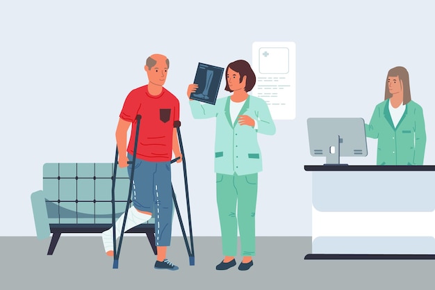 Examen del paciente Hombre herido visitando al médico en el hospital Radiografía de pierna rota Hombre con muleta Consulta profesional de traumatólogo Tratamiento de persona enferma Ilustración vectorial