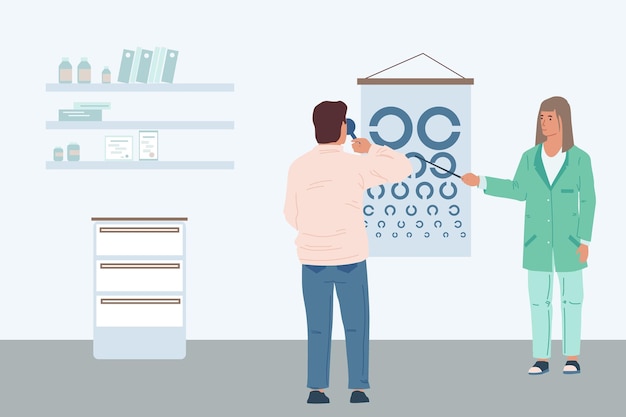 Examen del paciente Optometrista médico y paciente en la clínica consulta médica selección de gafas hombre comprueba la vista dibujos animados planos ilustración aislada concepto de atención médica vectorial