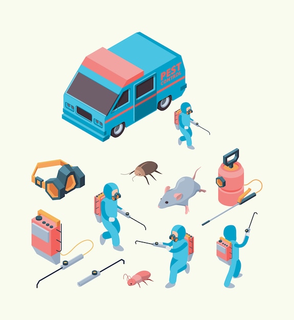 Examen de plagas. Servicio de desinfección de insectos veneno químico para control de plagas conjunto isométrico de exterminio de roedores. Servicio de control de plagas, desinfección ilustración profesional.