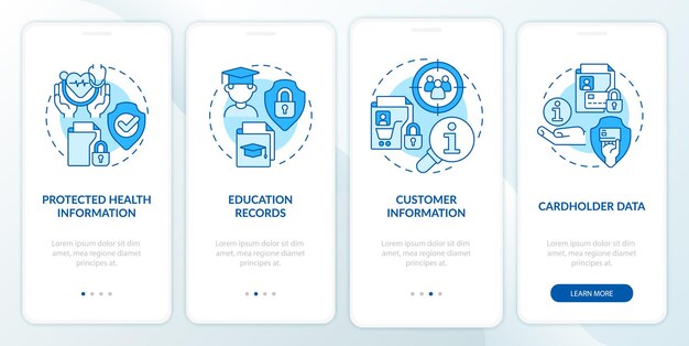 Examples of sensitive blue data onboarding mobile app screen. Identity walkthrough 4 steps graphic instructions pages with linear concepts. UI, UX, GUI template. Myriad Pro-Bold, Regular fonts used