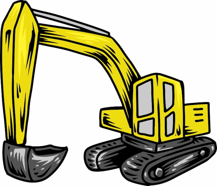 Vector excavadora amarilla al estilo de los dibujos animados con brazo ancho y pisos