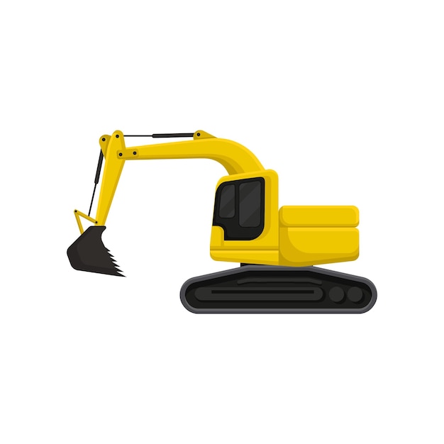 Excavadora amarilla con cuchara y cabina en plataforma giratoria Máquina excavadora pesada sobre orugas Diseño vectorial plano