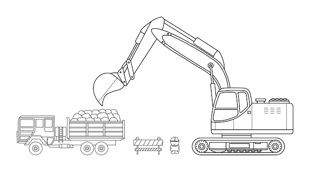 Excavadora de construcción de ilustración vectorial dibujada a mano sobre orugas y camión volquete que lleva rocas