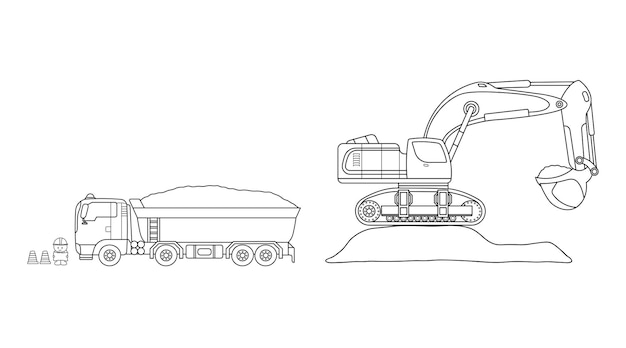 Excavadora de construcción de niños de color vectorial dibujada a mano en la parte superior de la suciedad y camión volquete que transporta suciedad
