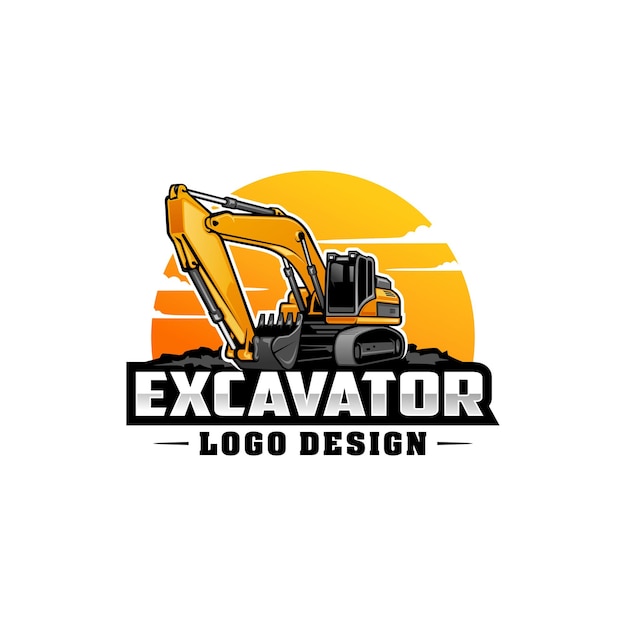 Excavadora, equipo pesado, construcción, tierra, mover, logotipo, vector, aislado