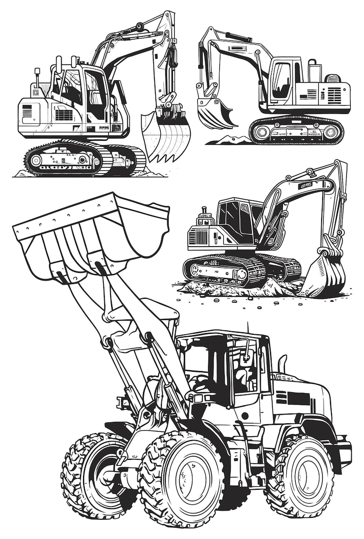 Vector excavadora excavadora y cargadora conjunto de ilustraciones vectoriales