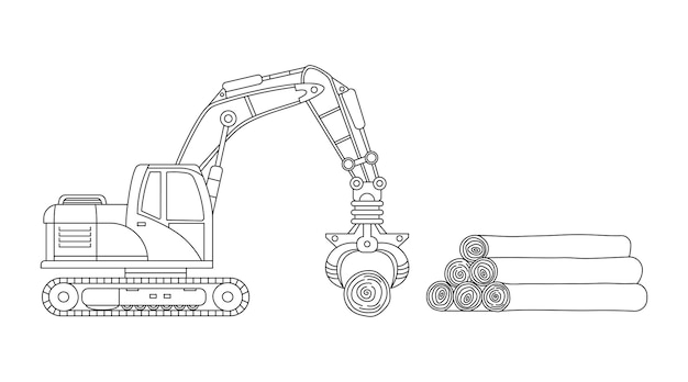 Excavadora de garra de agarre hidráulico de construcción de niños de color vectorial dibujado a mano con troncos de madera