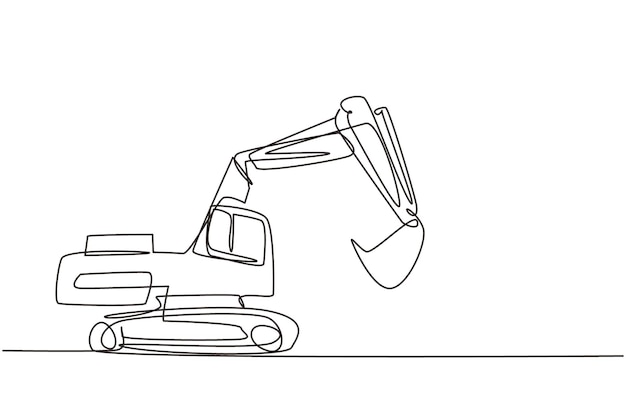 Excavadora hidráulica de dibujo de línea continua con dipper Automóvil pesado Auto en diseño plano Excavadora hidráulica de juguete para niños Ilustración vectorial de diseño gráfico de dibujo de línea única