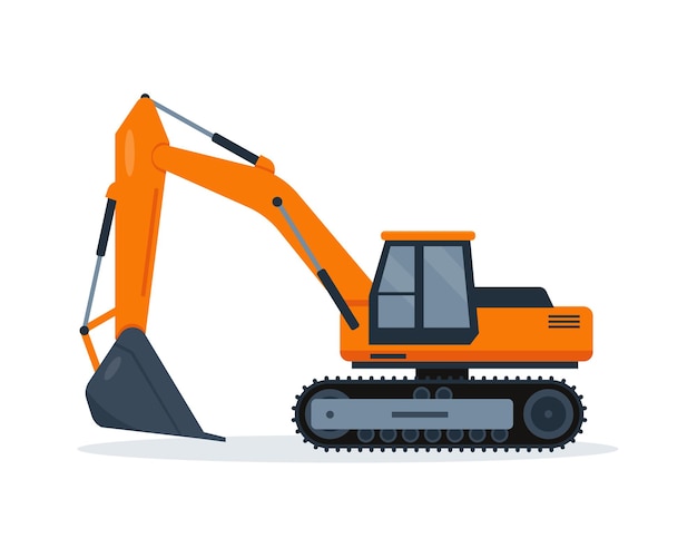 Excavadora naranja aislada sobre fondo blanco. Maquinaria de construcción.