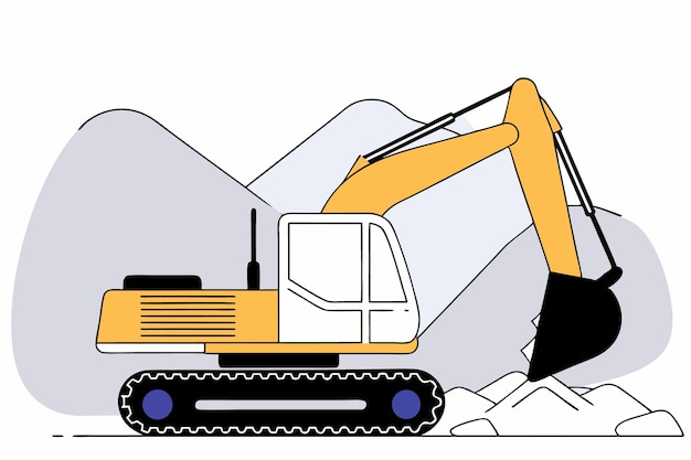 Excavadora naranja excava tierra cerca de las montañas Maquinaria de construcción en acción Ilustración de arte sobre fondo blanco