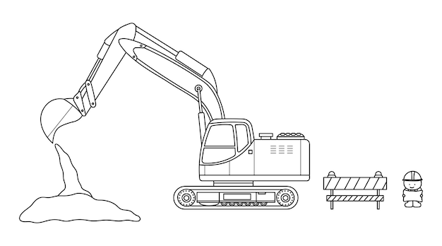 Excavadora de orugas de construcción de ilustración vectorial dibujada a mano cavando tierra con trabajador de la construcción