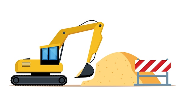 Excavadora pala de montón de arena Concepto del proceso de trabajo de construcción Equipo de construcción Ilustración vectorial