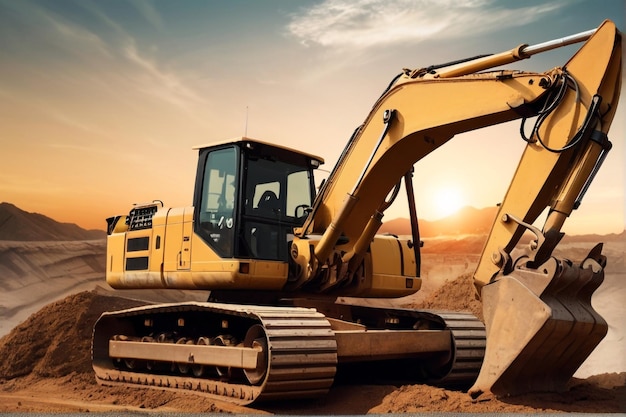 Vector excavadora en el suelo en el sitio de construcción en el fondo del atardecer