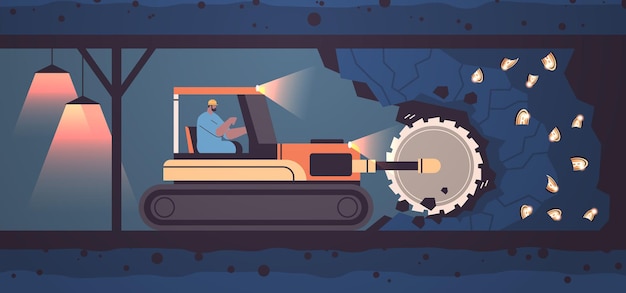 Excavadora con tambores de corte giratorios que extraen bitcoins en la mina cueva minería monedas criptográficas concepto de cadena de bloques de criptomoneda digital ilustración vectorial horizontal de longitud completa
