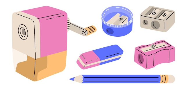 Un excelente conjunto para un escolar un borrador un afilador y un lápiz suministros escolares convenientes y confiables para estudios exitosos Ilustración vectorial aislada sobre un fondo transparente