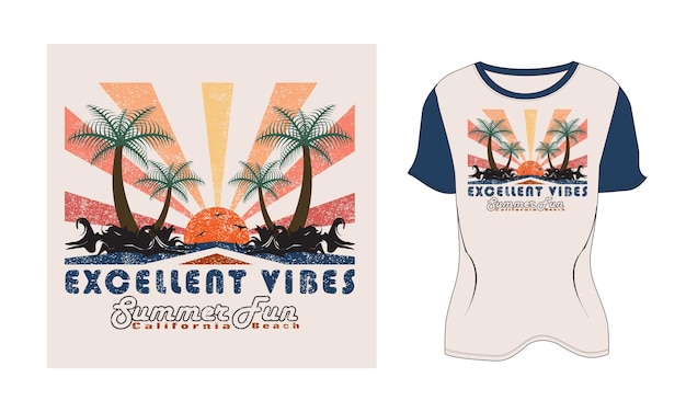 Vector excelente vibes summer fun california beach palmera vector vintage camiseta plantilla de diseño