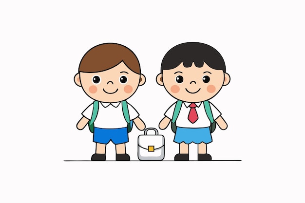 Excitación del primer día Niños lindos listos para la escuela Ilustración vectorial Clipart de dibujos animados y arte de líneas