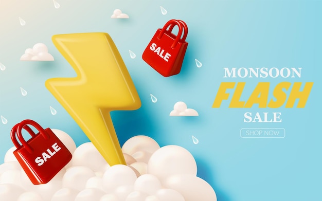 Excitante venta instantánea de monzón con bolsas de compras en 3D y elementos de rayo y gota de lluvia