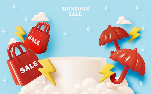 Excitante venta instantánea de monzón con bolsas de compras en 3D y elementos de rayo y gota de lluvia