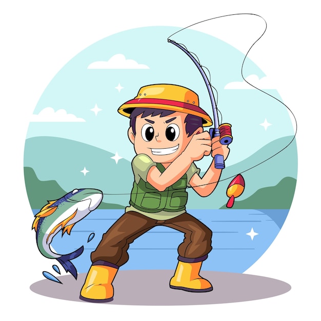 Excited Man Catching Fish by the Lake