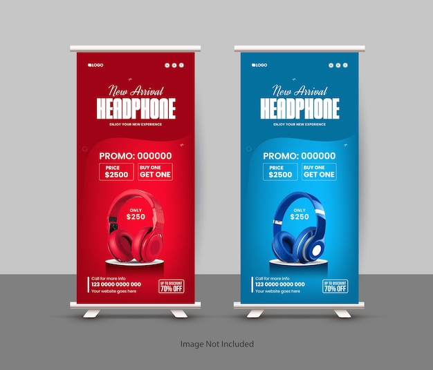 Exclusiva venta de auriculares pantalla enrollable standee plantilla de diseño de banner con dos variaciones de color