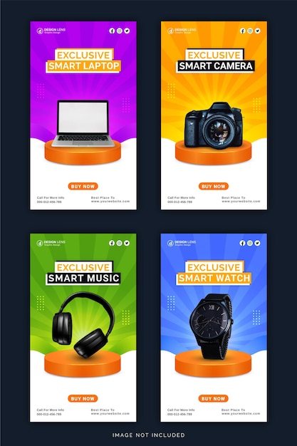 Vector exclusivo smart laptop cámara digital auriculares y reloj banner de historia de instagram publicación en redes sociales