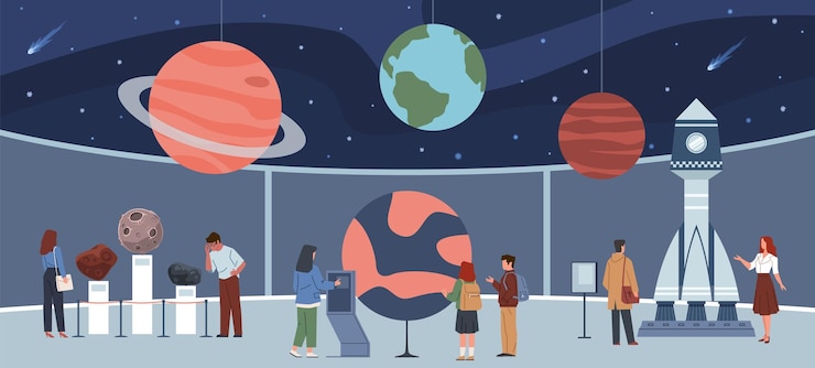 Vector excursión al planetario niños y estudiantes de la escuela en el museo astronómico mirando diseños de planetas cohetes asteroides y modelos de planetas aprendizaje de astronomía de hoy en día set plano de dibujos animados vectoriales