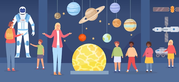 Excursión al planetario. Personajes de adultos y niños en la galería de astronomía. Viaje escolar al museo espacial. Concepto de vector de exposición de cosmos plano. Ilustración planetario astronomía, planeta y sistema solar.