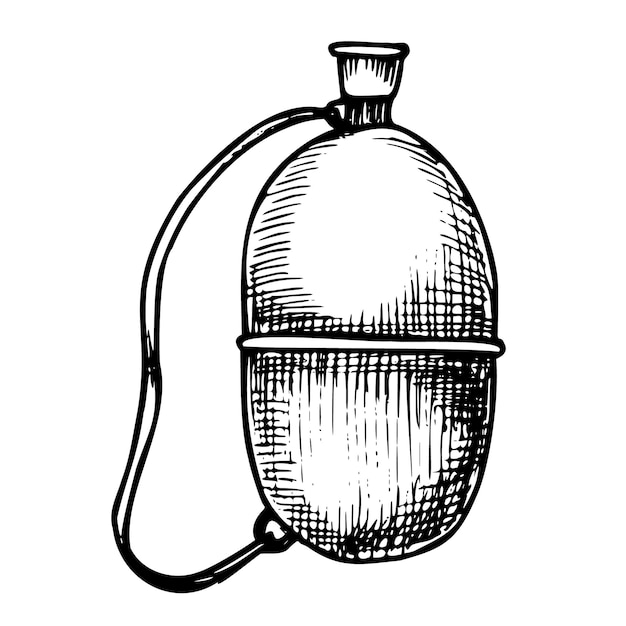 Excursión Botella de agua dibujada a mano Ilustración vectorial de un viejo termo metálico retro en un fondo aislado para viajes o aventuras Dibujo de equipo vintage de campamento para beber Dibujo grabado