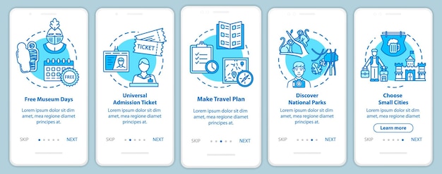Excursiones a bordo de la pantalla de la página de la aplicación móvil con conceptos. admisiones gratuitas. pequeño pueblo. tutorial de turismo barato con instrucciones gráficas de cinco pasos. plantilla de vector de interfaz de usuario con ilustraciones en color rgb