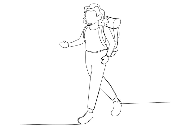 Una excursionista caminando con su mochila en una línea