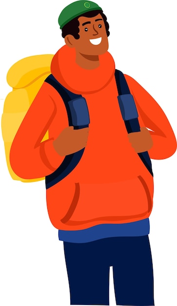 Un excursionista feliz con una mochila con una capucha naranja y una gorra verde