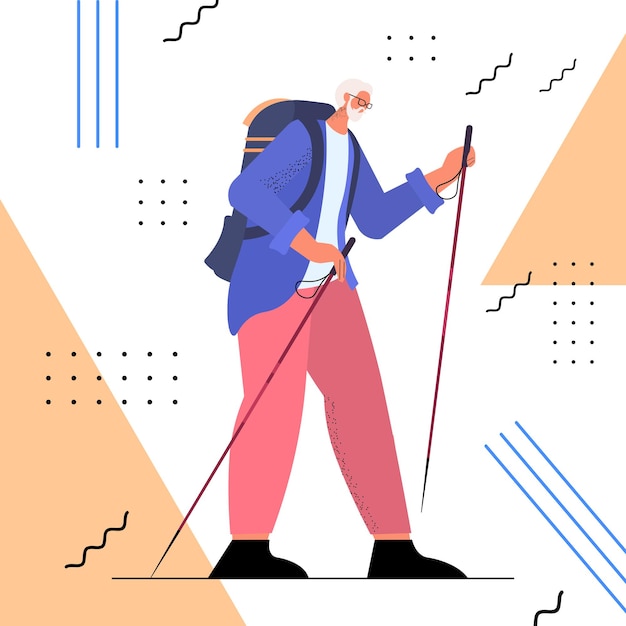 Excursionista hombre senior viajando con mochila concepto de actividades físicas de vejez activa ilustración de vector de longitud completa