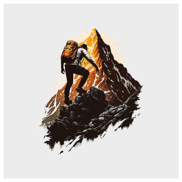 Un excursionista con una mochila sube a la montaña. Ilustración vectorial Ai generativo.