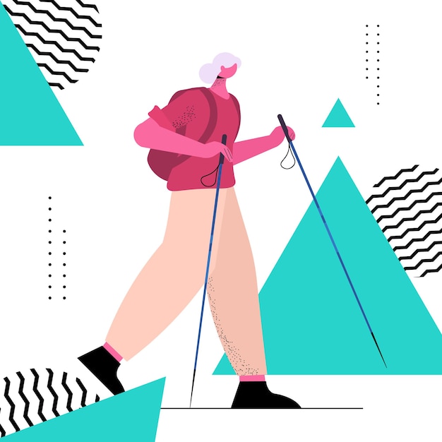 Excursionista de mujer Senior viajando con mochila concepto de actividades físicas de vejez activa de longitud completa